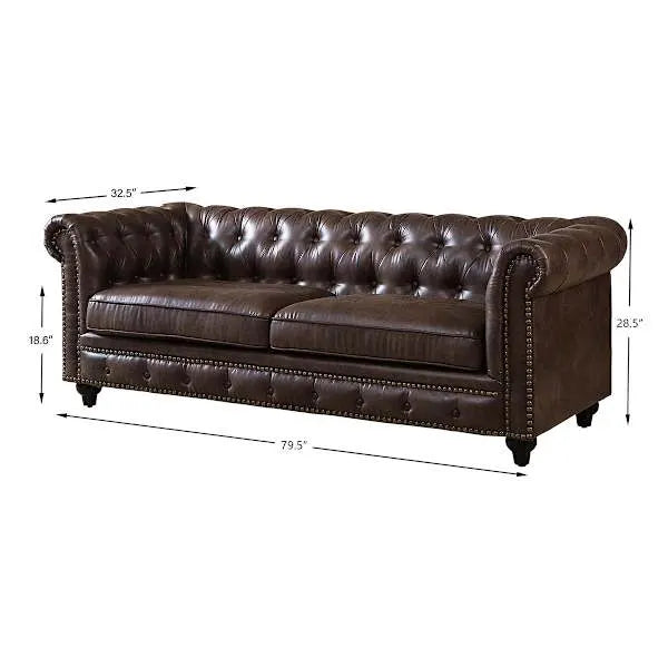 Chesterfield Brown Faux Leather Tufted Sofa, 79"
