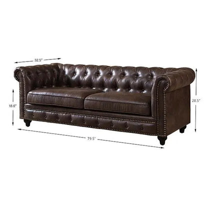 Chesterfield Brown Faux Leather Tufted Sofa, 79"